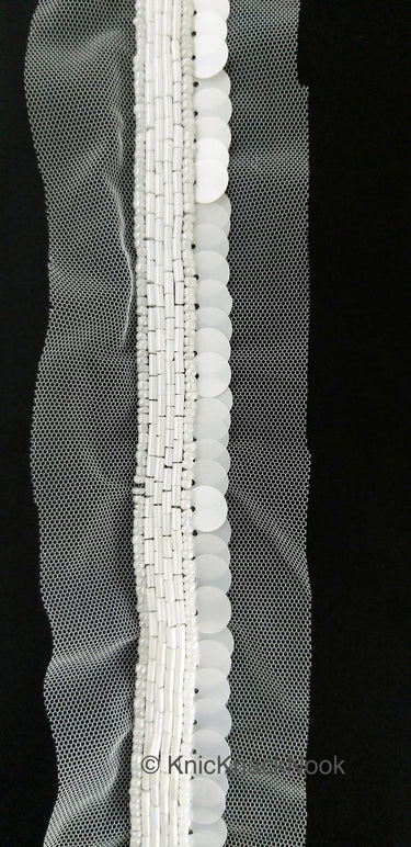White Net Lace With White Sequins and Beads, Exclusive Laces, Sequinned Trimming